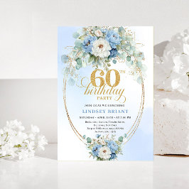 Convite Pastel Blue Peonies Gold 60th Birthday Invitation