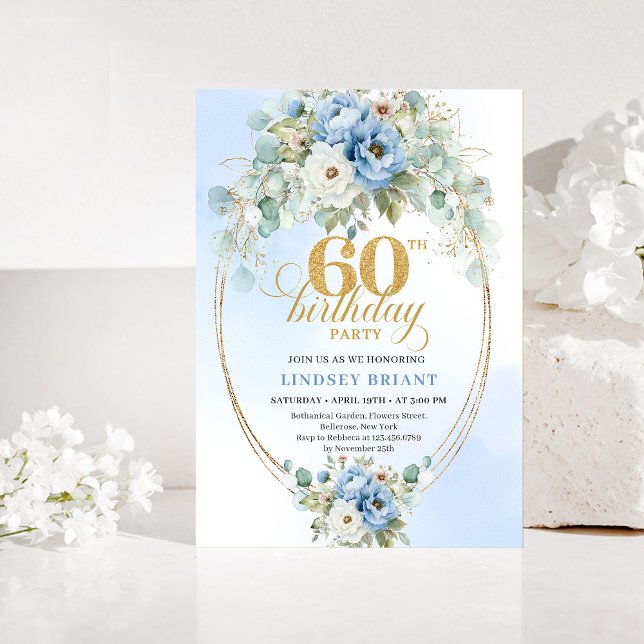Convite Pastel Blue Peony Gold 60th Birthday Invitation (Pastel Blue Peony 60th Birthday Invitation)