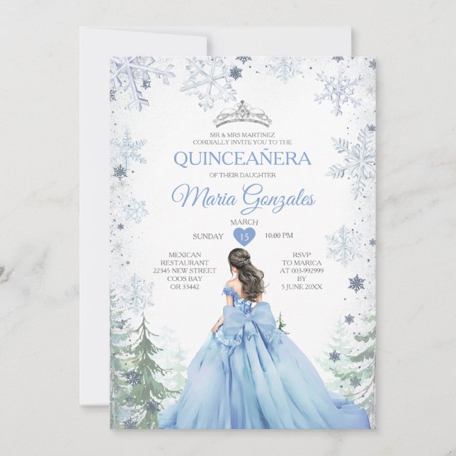 Convite Pastel Blue Princess Winter Forest Quinceañera (Frente)
