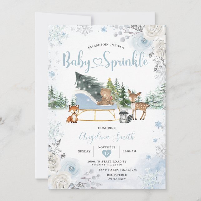 Convite Pastel Blue Sleigh Winter Animals Baby Sprinkle (Frente)