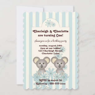 Convite Pastel Blue Stripe Baby Koala Twin Aniversário de 