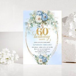 Convite Pastel blue white peony floral gold 60th birthday 
