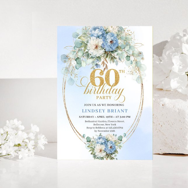 Convite Pastel blue white peony floral gold 60th birthday  (Pastel blue white peony floral gold 60th birthday invitation

)