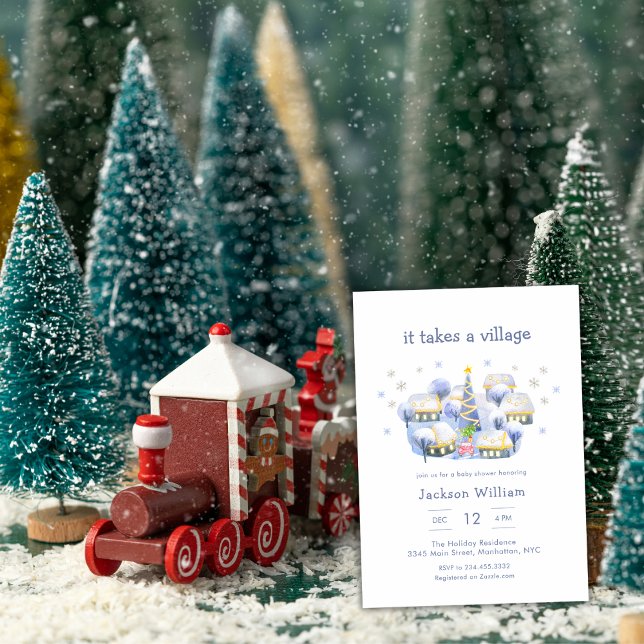 Convite Pastel Blue Winter It Take A Village Baby Shower (Pastel Blue Winter It Take A Village Baby Shower Invitation)