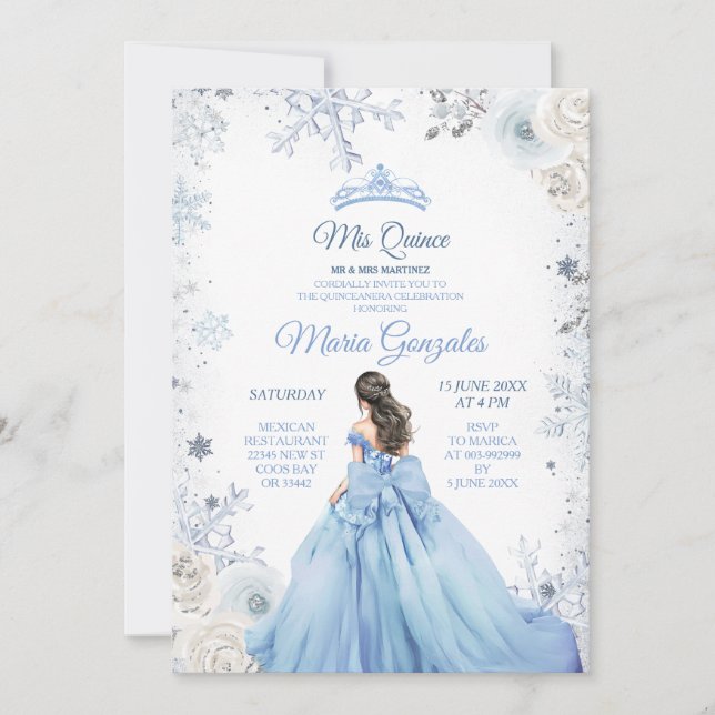 Convite Pastel Blue Winter Snow Floral Princess Mis Quince (Frente)