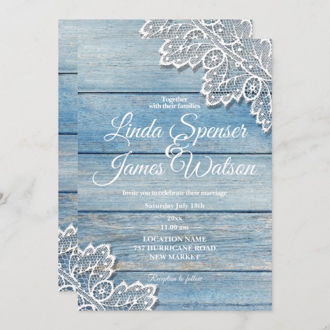Convite Pastel Blue Wood e White Lace Weds (Frente/Verso)