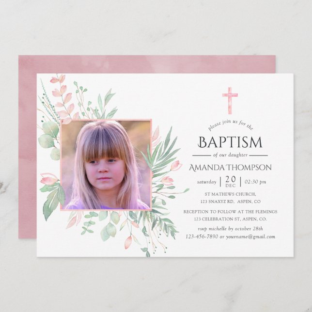 Convite Pastel Blush Greenerm Baptism ou Christening (Frente/Verso)