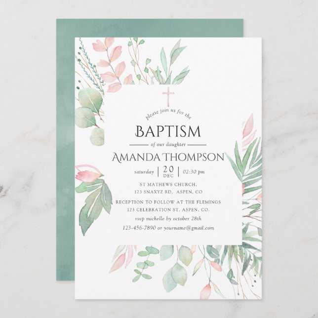 Convite Pastel Blush Greenerm Baptism ou Christening (Frente/Verso)