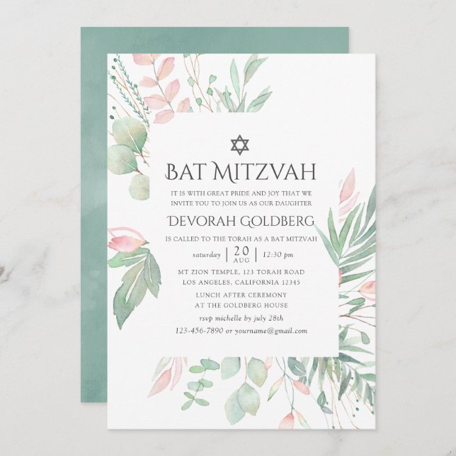 Convite Pastel Blush Greenery Bat Mitzvah (Frente/Verso)