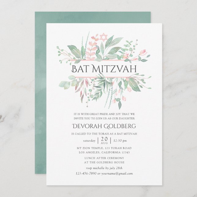 Convite Pastel Blush Greenery Bat Mitzvah (Frente/Verso)