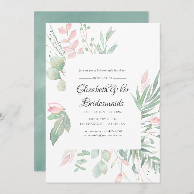 Convite Pastel Blush Greenery Bridesmaids Luncheon (Frente/Verso)