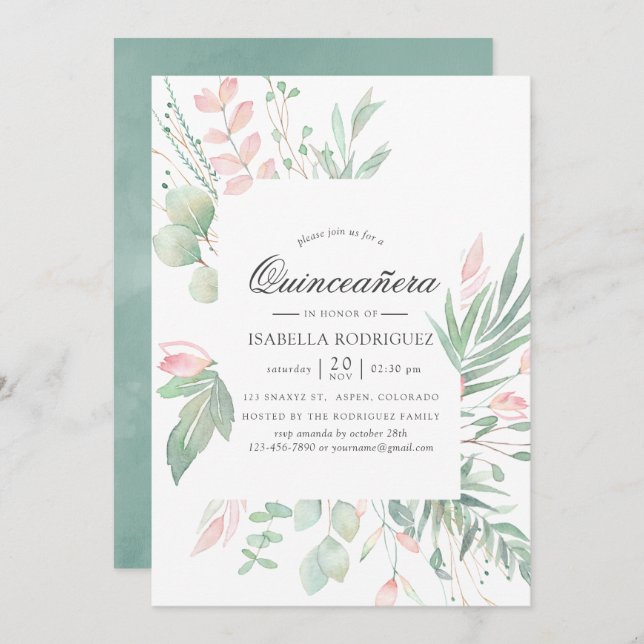 Convite Pastel Blush Greenery Quinceañera (Frente/Verso)