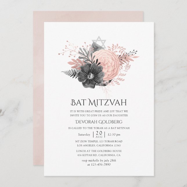 Convite Pastel Blush Pink e Carvão Floral Bat Mitzvah (Frente/Verso)