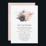 Convite Pastel Blush Pink e Carvão Floral Bat Mitzvah<br><div class="desc">Rosa pincelada russa e carvão negro vintage aquarela cor-de-água morcego floral mitzvah convite com tons de ouro rosa.</div>