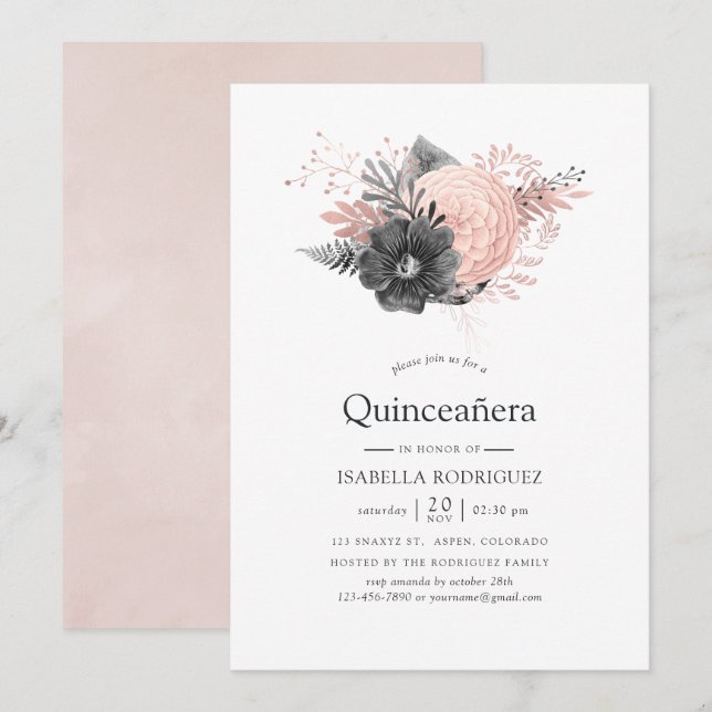 Convite Pastel Blush Pink e Charmalheira Quinceañera (Frente/Verso)