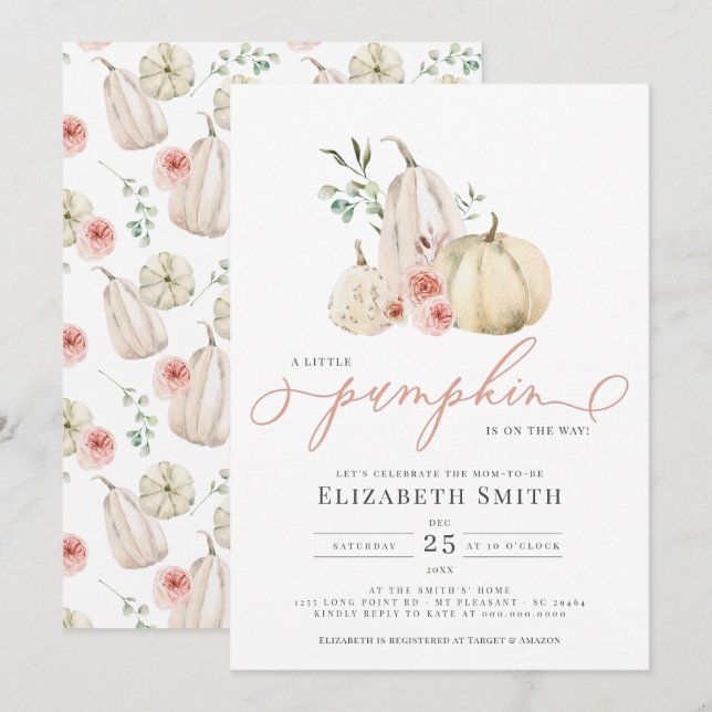 Convite Pastel Blush Pumpkin Greenery Floral Watercolor (Frente/Verso)