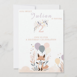 Convite Pastel Boho Baby Fox e Balões Aniversário