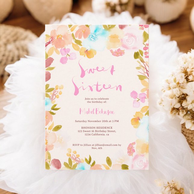 Convite Pastel boho floral aquarela Sweet 16 (Pastel boho floral watercolor script Sweet 16 Invitation)