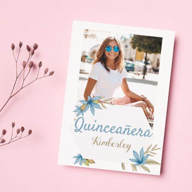 Convite Pastel brown blue flower Photo Quinceañera Party (Pastel brown blue flower Photo Quinceañera Party)