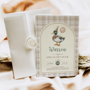 Convite Pastel Brown One Lucky Duck Balloon primeiro anive