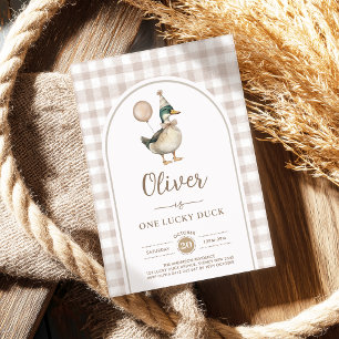 Convite Pastel Brown One Lucky Duck Balloon primeiro anive