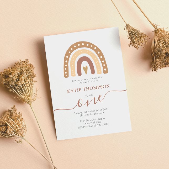 Convite Pastel Brown Rainbow Boho Primeiro Aniversário (Criador carregado)