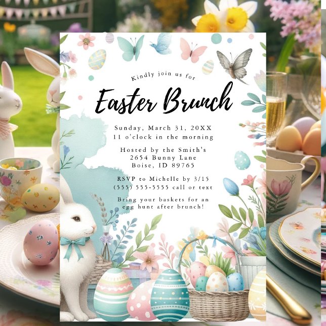 Convite Pastel Bunny Páscoa Brunch e Ovo Hunt (Easter Brunch and Egg Hunt Invitation)