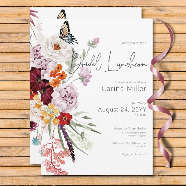 Convite Pastel & Burgundy Blooms Floral Bridal (Pastel & Burgundy Blooms Floral Bridal Luncheon Invitation)