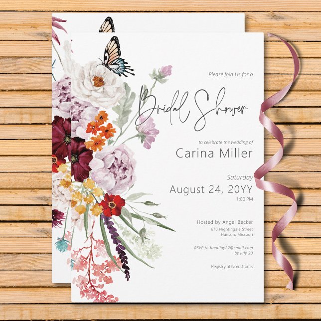 Convite Pastel & Burgundy Blooms Floral Chá de panela (Pastel & Burgundy Blooms Floral Bridal Shower Invitation)