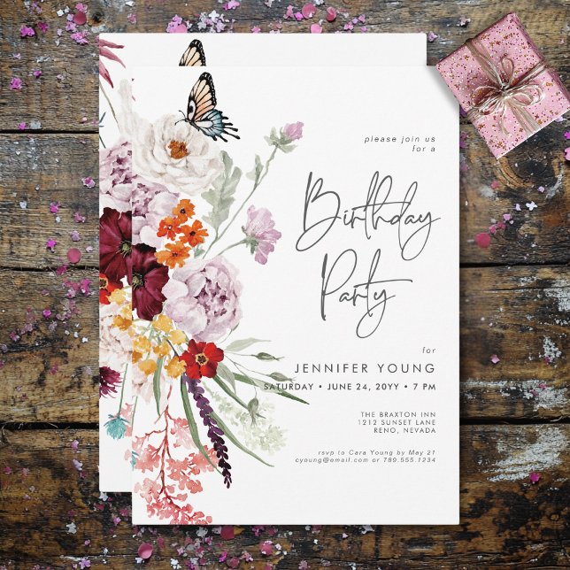 Convite Pastel & Burgundy Blooms Moderno Floral Aniversári (Pastel & Burgundy Blooms Modern Floral Birthday Invitation)