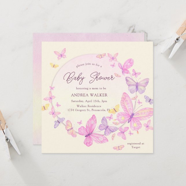 Convite Pastel Butterflies Pink Purple Elegant Baby Shower (Frente/Verso In Situ)