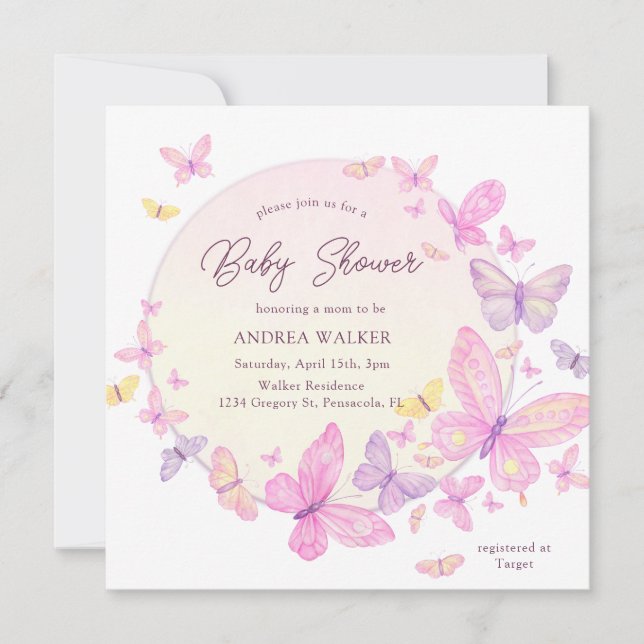 Convite Pastel Butterflies Pink Purple Elegant Baby Shower (Frente)