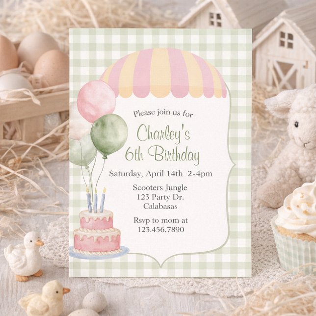 Convite Pastel Carnival Birthday | Vintage | Gingham (Criador carregado)