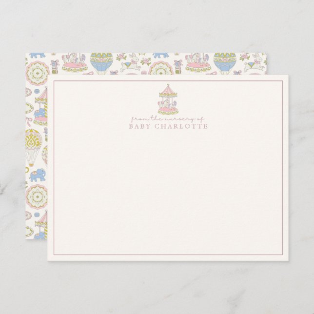 Convite Pastel Carousel Nursery Note Card (Frente/Verso)