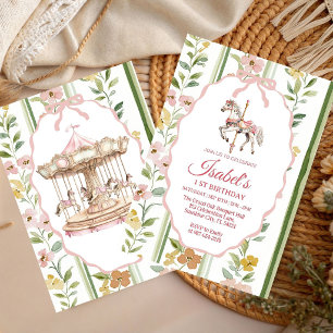 Convite Pastel Carrossel Floral Aquarela Menina Aniversári