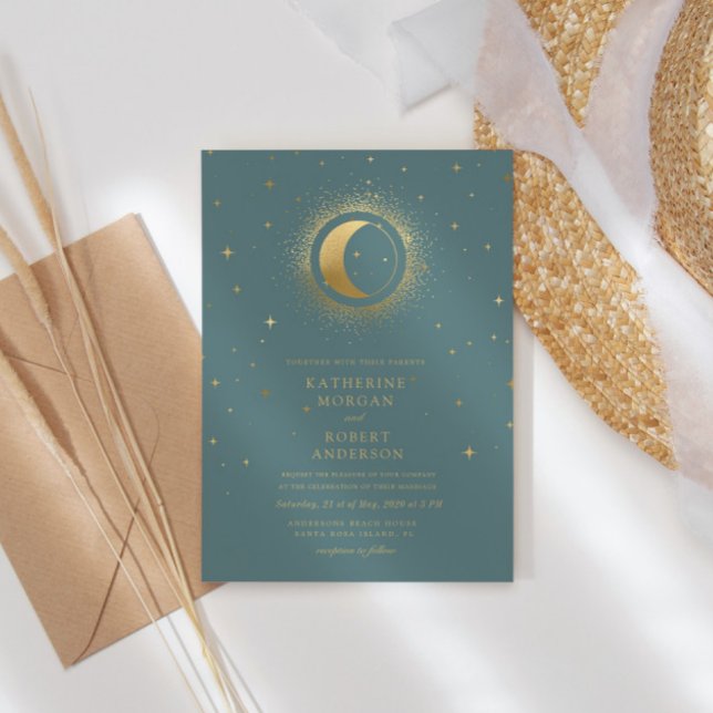 Convite Pastel Celestial Dourado Casamento da Lua (Criador carregado)