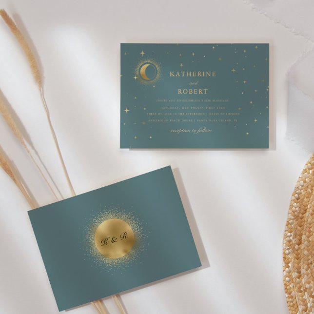 Convite Pastel Celestial Dourado Crescent Casamento da Lua (Criador carregado)