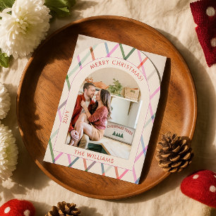 Convite Pastel Checkered Pattern Feliz Foto de Natal