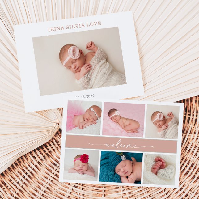 Convite Pastel Chic Baby Photo Collage Announcement Card (Criador carregado)