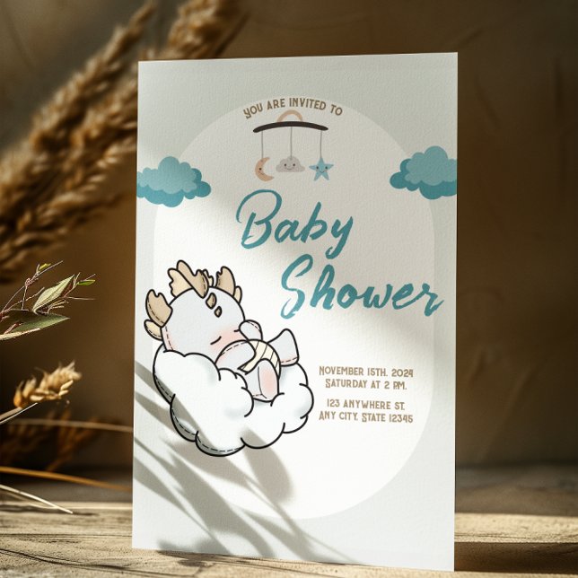 Convite Pastel Cinza Azul Vedando Dragão-Bebê Cloud (Criador carregado)