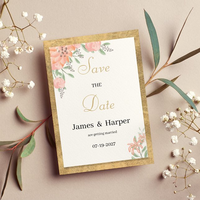 Convite Pastel cola dourado aquarela floral Salvar Data (Pastel colors gold watercolor floral Save the Date)