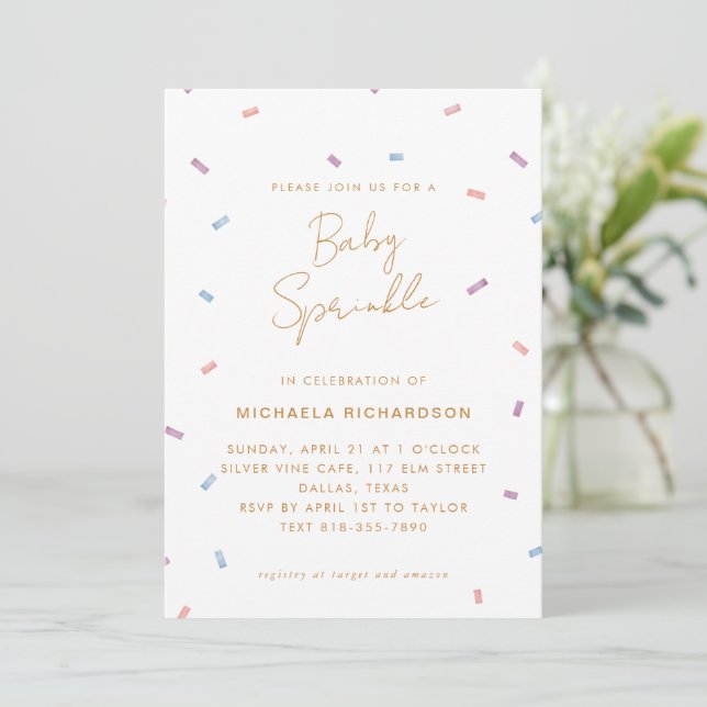 CONVITE PASTEL CONFETTI BABY SPRINKLE MODERN MINIMAL | (Em pé/Frente)