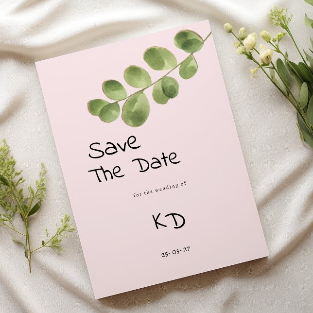 Convite Pastel cor-de-rosa folha de menta eucalipto Salvar (Pastel pink mint eucalyptus leaf Save The Date)