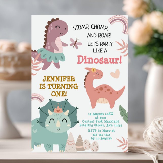 Convite Pastel Cute Dino Primeiro Dinossauro de Aniversári (Criador carregado)