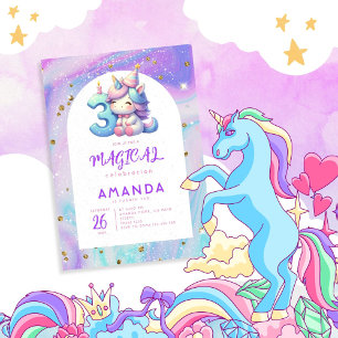 Convite Pastel Cute Unicorn aniversário de 3 anos