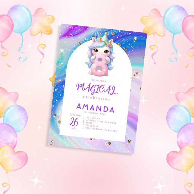 Convite Pastel Cute Unicorn Girl oitavo aniversário (Criador carregado)