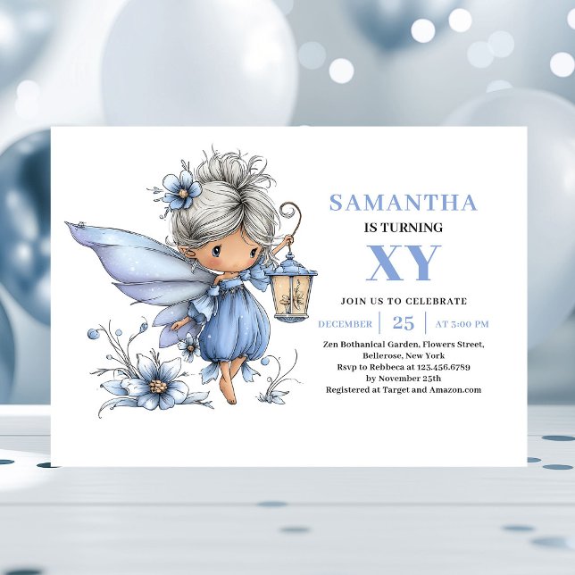 Convite Pastel de 4º Aniversário da Fada Azul Aleg (Joyful Blue Fairy Girl 4th Birthday Pastel invitation)