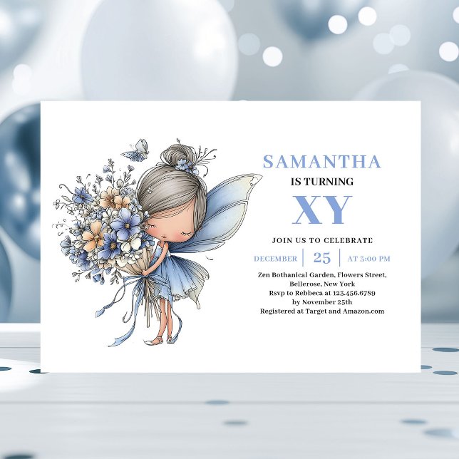 Convite Pastel de 4º Aniversário da Menina Fada Az (Magical Blue Fairy Girl 4th Birthday Pastel invitation)
