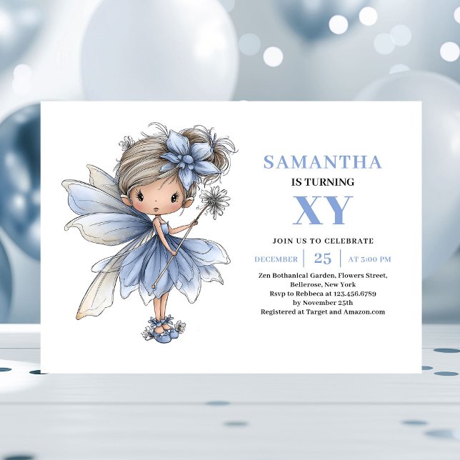 Convite Pastel de Aniversário de 2 anos da Fada Az (Fantasy Blue Fairy Girl 2nd Birthday Pastel invitation)