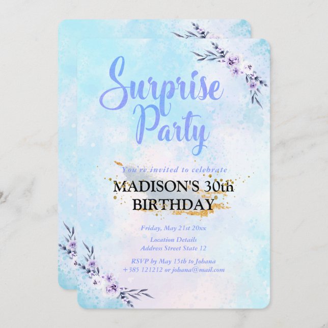 Convite Pastel de Aquarela de Parte Surpresa (Frente/Verso)